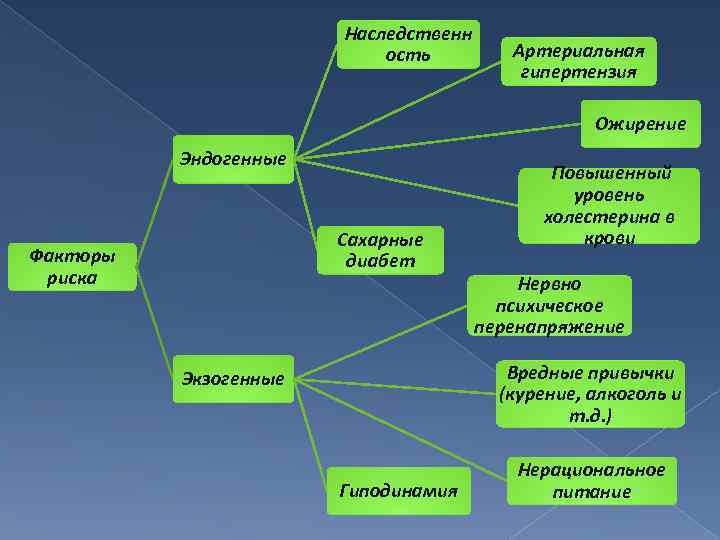 Наследственн ость Артериальная гипертензия Ожирение Эндогенные Сахарные диабет Факторы риска Повышенный уровень холестерина в