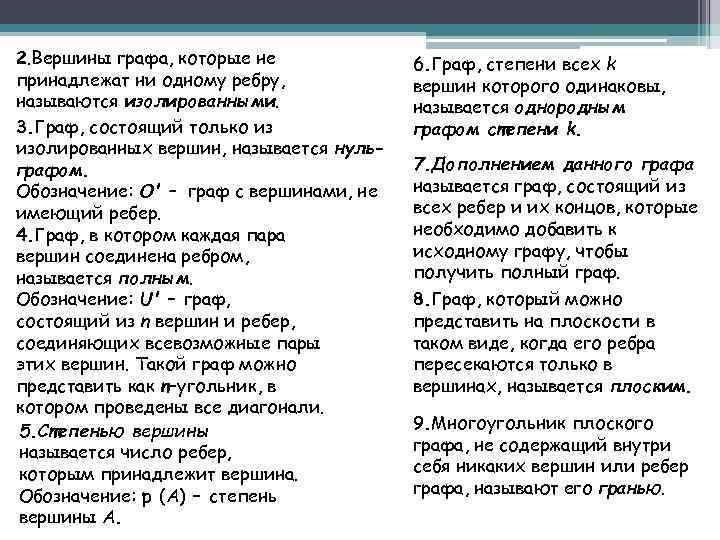 2. Вершины графа, которые не принадлежат ни одному ребру, называются изолированными. 3. Граф, состоящий
