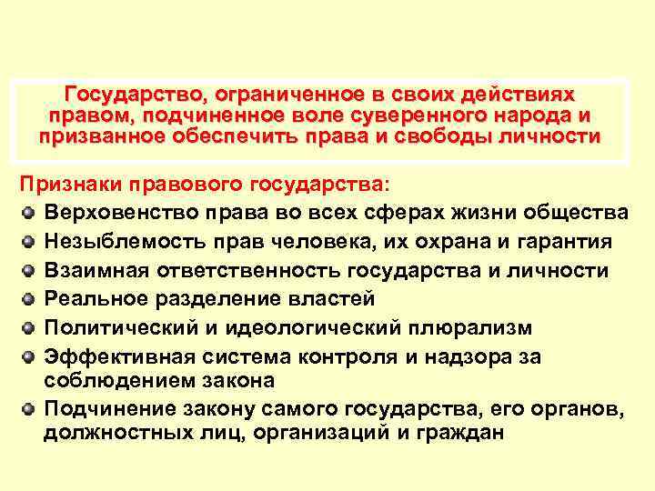 Государство, ограниченное в своих действиях правом, подчиненное воле суверенного народа и призванное обеспечить права