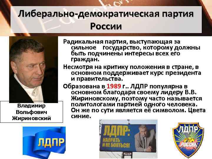 Либерально-демократическая партия России Владимир Вольфович Жириновский Радикальная партия, выступающая за сильное государство, которому должны