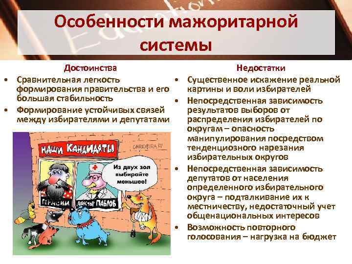 Особенности мажоритарной системы Достоинства Недостатки • Сравнительная легкость • Существенное искажение реальной формирования правительства