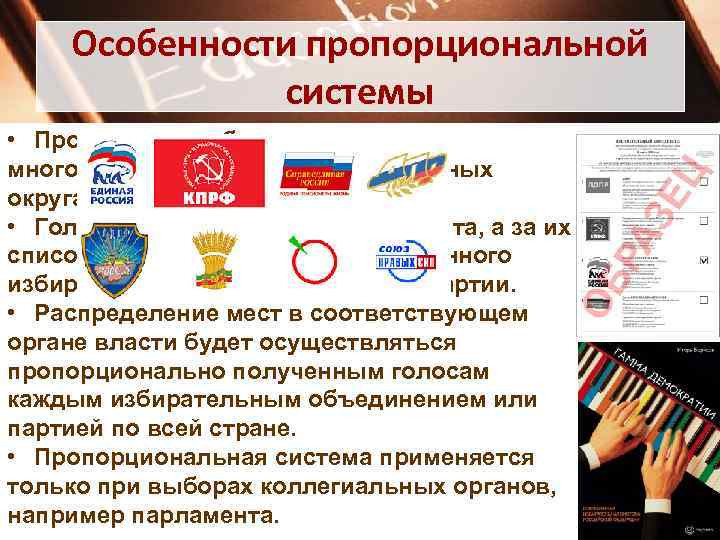 Особенности пропорциональной системы • Проведение выборов только в многомандатных общегосударственных округах. • Голосование не