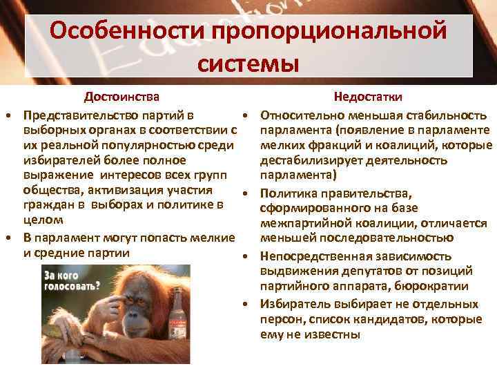 Особенности пропорциональной системы Достоинства Недостатки • Представительство партий в • Относительно меньшая стабильность выборных