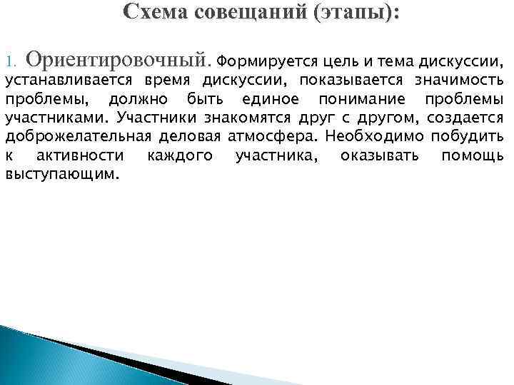 Схема совещаний (этапы): 1. Ориентировочный. Формируется цель и тема дискуссии, устанавливается время дискуссии, показывается