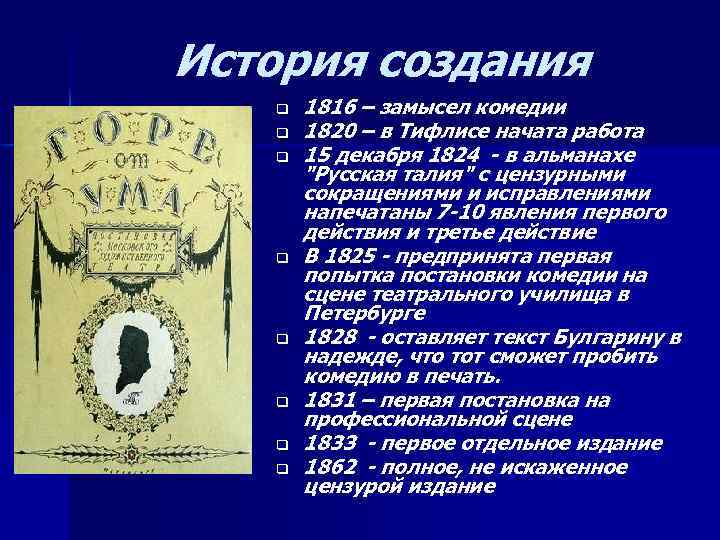 История создания q q q q 1816 – замысел комедии 1820 – в Тифлисе