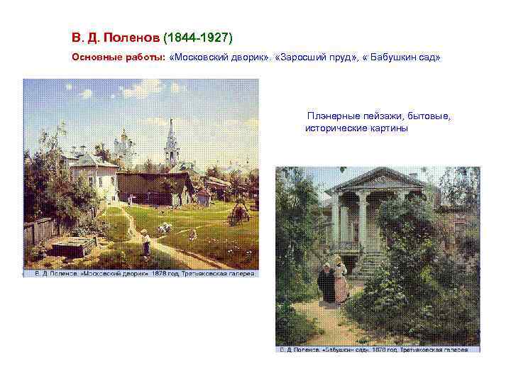 В. Д. Поленов (1844 -1927) Основные работы: «Московский дворик» . «Заросший пруд» , «