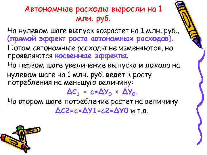 Автономные расходы выросли на 1 млн. руб. На нулевом шаге выпуск возрастет на 1