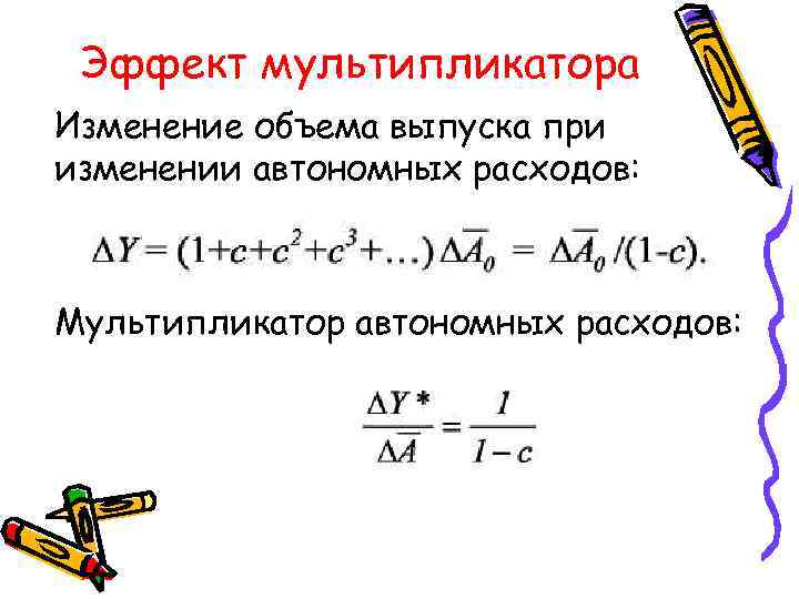 Эффект мультипликатора Изменение объема выпуска при изменении автономных расходов: Мультипликатор автономных расходов: 