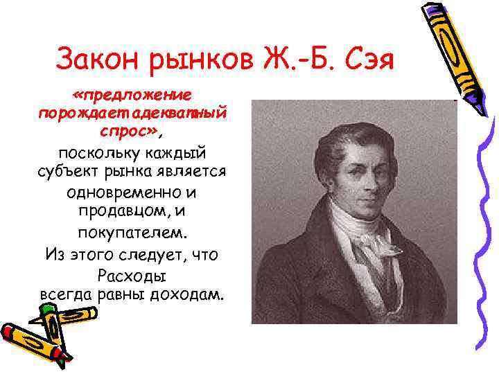 Закон рынков Ж. -Б. Сэя «предложение порождает адекватный спрос» , поскольку каждый субъект рынка