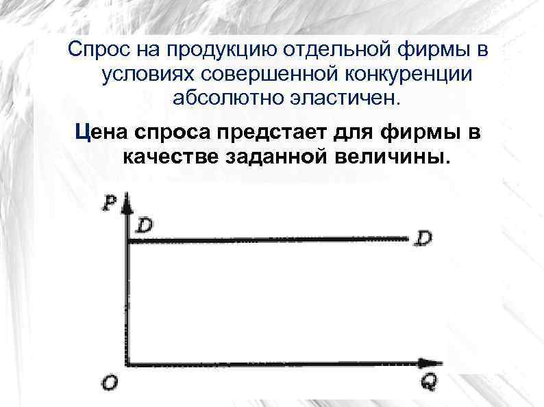 Спрос на продукцию отдельной фирмы в условиях совершенной конкуренции абсолютно эластичен. Цена спроса предстает