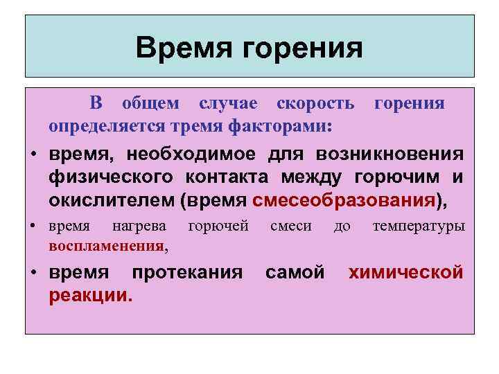 Время горения В общем случае скорость горения определяется тремя факторами: • время, необходимое для