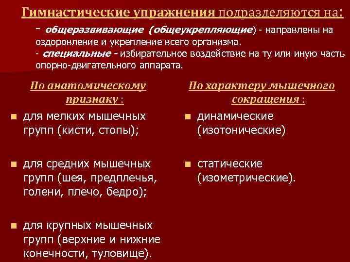 Гимнастические упражнения подразделяются на: - общеразвивающие (общеукрепляющие) - направлены на оздоровление и укрепление всего