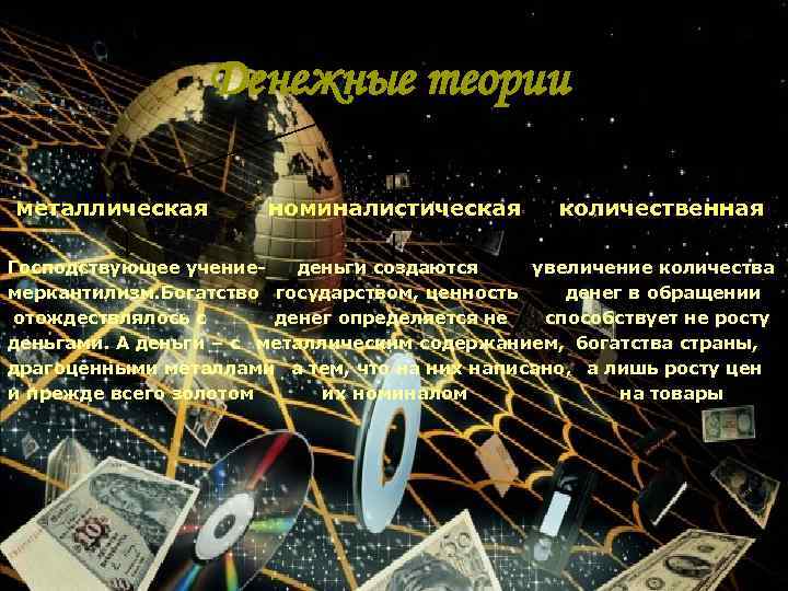 Денежные теории металлическая номиналистическая количественная Господствующее учениеденьги создаются увеличение количества меркантилизм. Богатство государством, ценность
