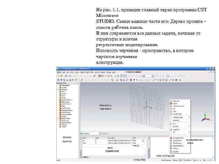 На рис. 1. 1. приведен главный экран программы CST Microwave STUDIO. Самые важные части