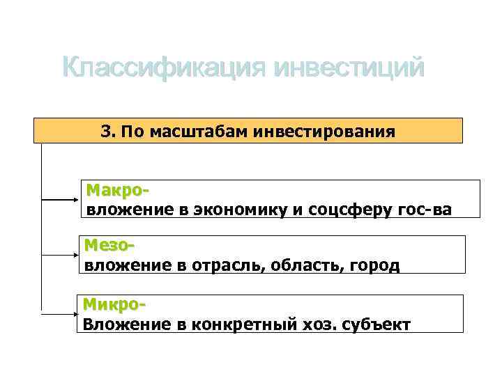 Классификация инвестиций 3. По масштабам инвестирования Макровложение в экономику и соцсферу гос-ва Мезовложение в