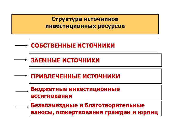 Структура источников инвестиционных ресурсов СОБСТВЕННЫЕ ИСТОЧНИКИ ЗАЕМНЫЕ ИСТОЧНИКИ ПРИВЛЕЧЕННЫЕ ИСТОЧНИКИ Бюджетные инвестиционные ассигнования Безвозмездные