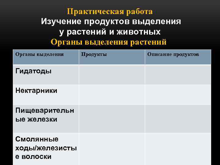 Практическая работа Изучение продуктов выделения у растений и животных Органы выделения растений: Органы выделения