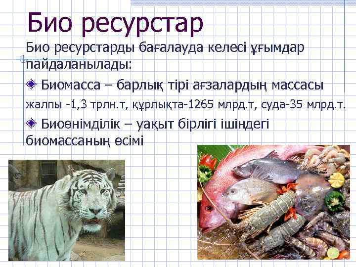Био ресурстарды бағалауда келесі ұғымдар пайдаланылады: Биомасса – барлық тірі ағзалардың массасы жалпы -1,