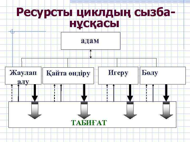  Ресурсты циклдың сызбанұсқасы адам Жаулап алу Қайта өндіру ТАБИҒАТ Игеру Бөлу 