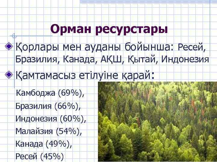 Орман ресурстары Қорлары мен ауданы бойынша: Ресей, Бразилия, Канада, АҚШ, Қытай, Индонезия Қамтамасыз етілуіне