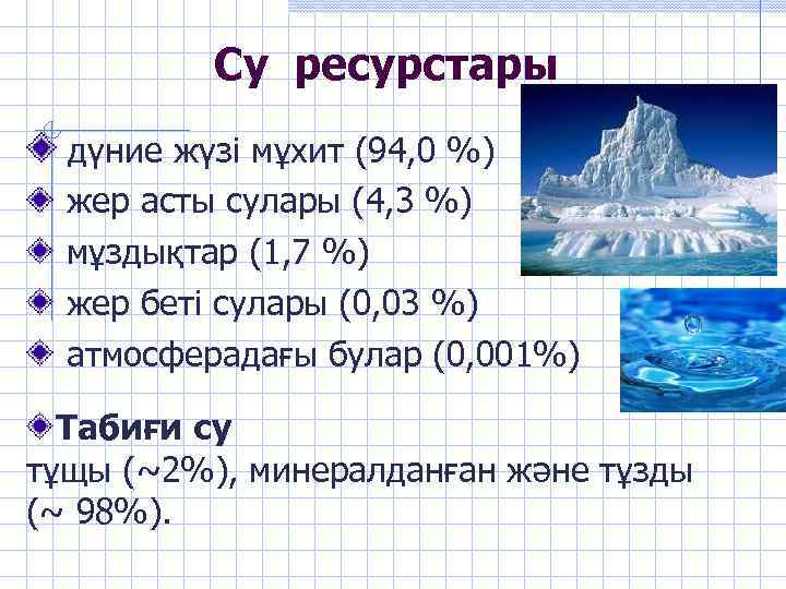Су ресурстары дүние жүзі мұхит (94, 0 %) жер асты сулары (4, 3 %)