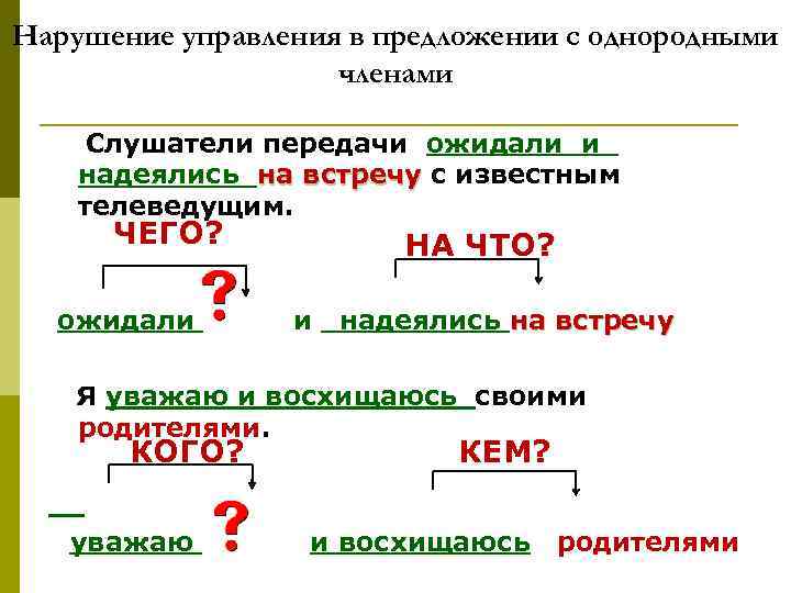 Нарушение управления в предложении с однородными членами Слушатели передачи ожидали и надеялись на встречу