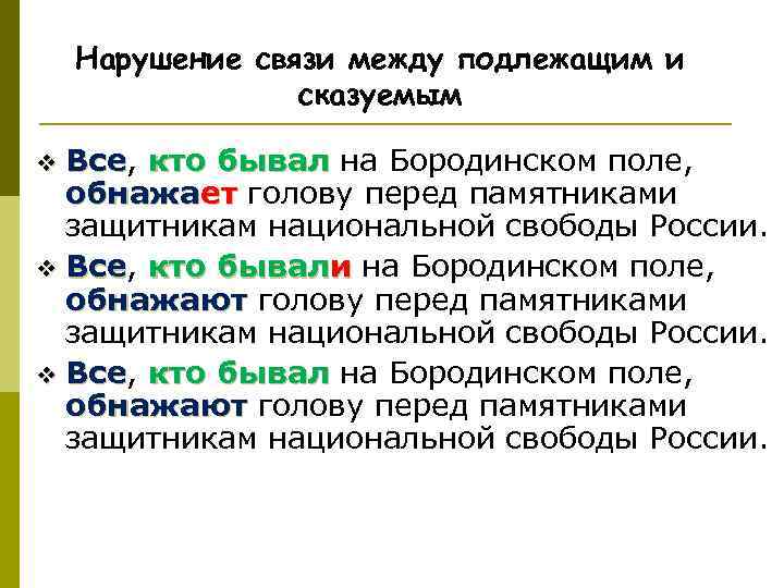 Нарушение связи между подлежащим и сказуемым Все, кто бывал на Бородинском поле, Все кто