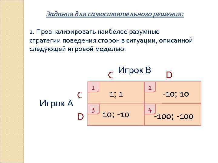 Задания для самостоятельного решения: 1. Проанализировать наиболее разумные стратегии поведения сторон в ситуации, описанной