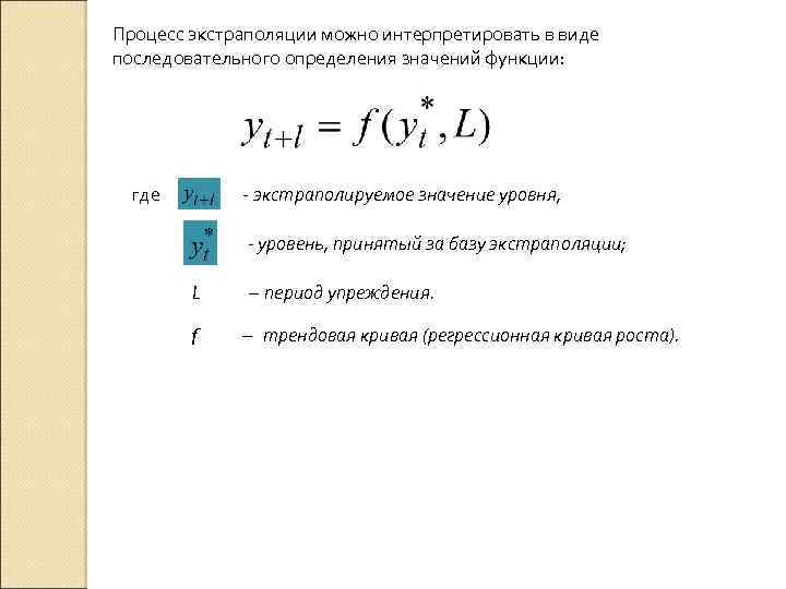 Процесс экстраполяции можно интерпретировать в виде последовательного определения значений функции: где - экстраполируемое значение