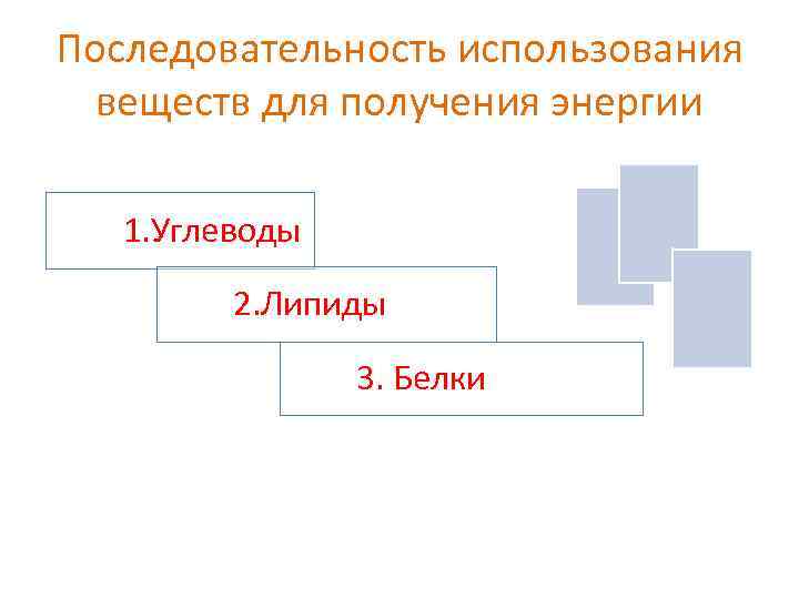 Последовательность использования веществ для получения энергии 1. Углеводы 2. Липиды 3. Белки 