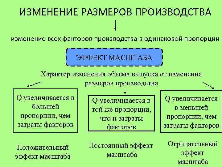 ИЗМЕНЕНИЕ РАЗМЕРОВ ПРОИЗВОДСТВА изменение всех факторов производства в одинаковой пропорции ЭФФЕКТ МАСШТАБА Характер изменения