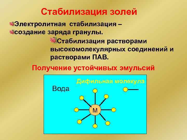 Стабилизация золей Электролитная стабилизация – создание заряда гранулы. Стабилизация растворами высокомолекулярных соединений и растворами