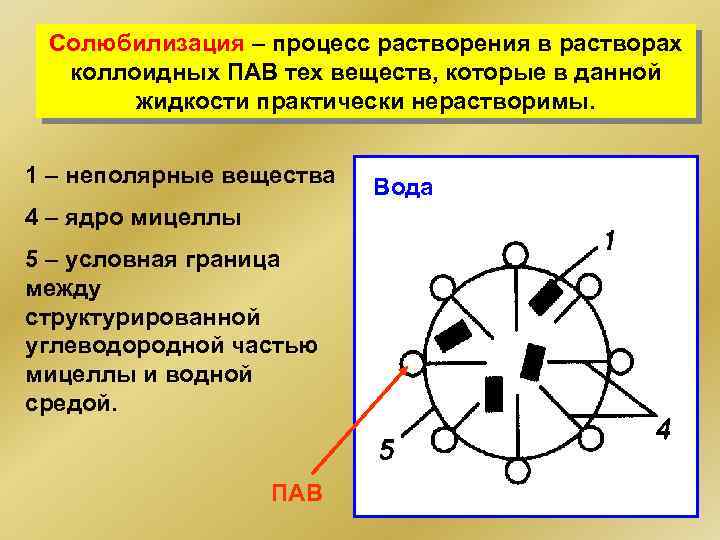 Солюбилизация – процесс растворения в растворах коллоидных ПАВ тех веществ, которые в данной жидкости