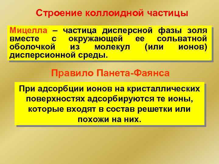Строение коллоидной частицы Мицелла – частица дисперсной фазы золя вместе с окружающей ее сольватной