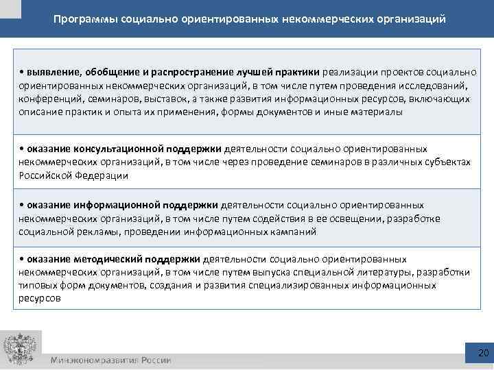 Программы социально ориентированных некоммерческих организаций • выявление, обобщение и распространение лучшей практики реализации проектов