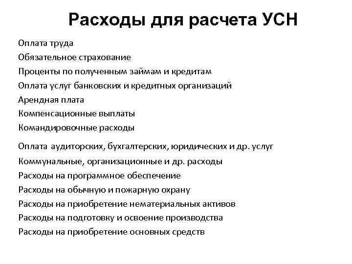 Расходы для расчета УСН Оплата труда Обязательное страхование Проценты по полученным займам и кредитам