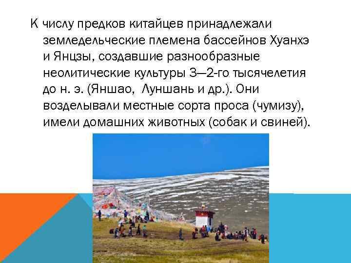 К числу предков китайцев принадлежали земледельческие племена бассейнов Хуанхэ и Янцзы, создавшие разнообразные неолитические