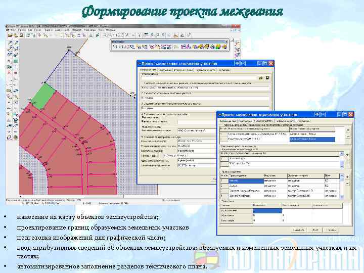 Формирование проекта межевания • • • нанесение на карту объектов землеустройства; проектирование границ образуемых