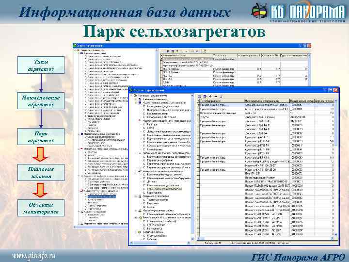 Информационная база данных Парк сельхозагрегатов Типы агрегатов Наименование агрегатов Парк агрегатов Плановые задания Объекты