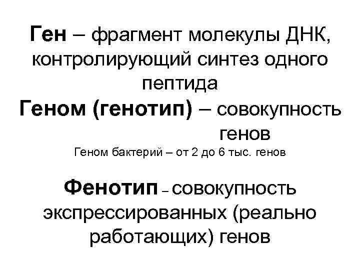 Ген – фрагмент молекулы ДНК, контролирующий синтез одного пептида Геном (генотип) – совокупность генов