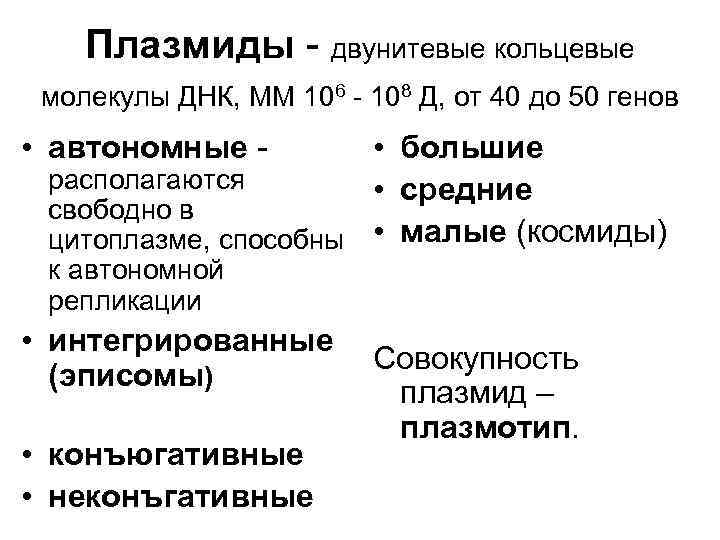 Плазмиды - двунитевые кольцевые молекулы ДНК, ММ 106 - 108 Д, от 40 до