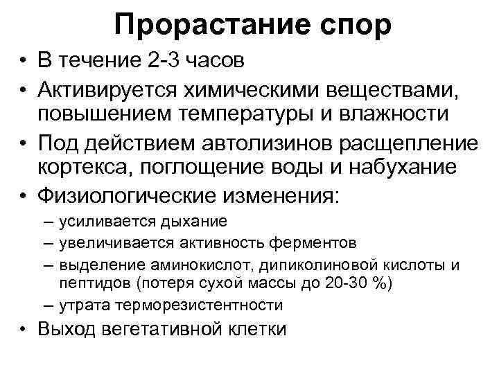 Прорастание спор • В течение 2 -3 часов • Активируется химическими веществами, повышением температуры