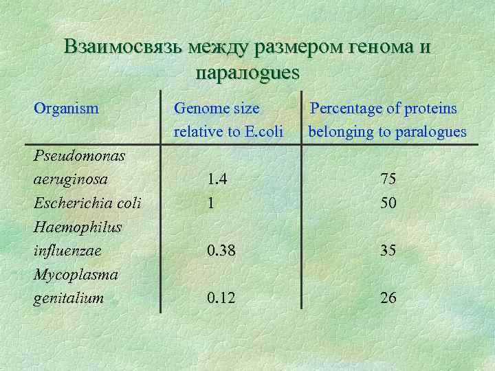 Взаимосвязь между размером генома и паралоgues Organism Pseudomonas aeruginosa Escherichia coli Haemophilus influenzae Mycoplasma