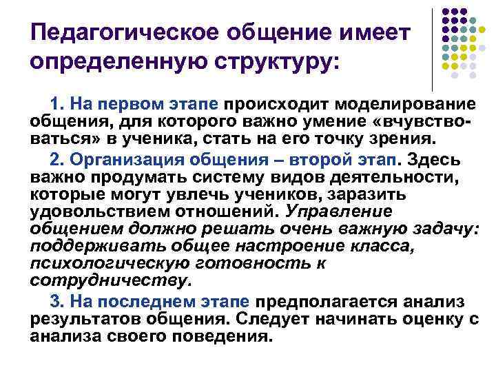 Педагогическое общение имеет определенную структуру: 1. На первом этапе происходит моделирование общения, для которого