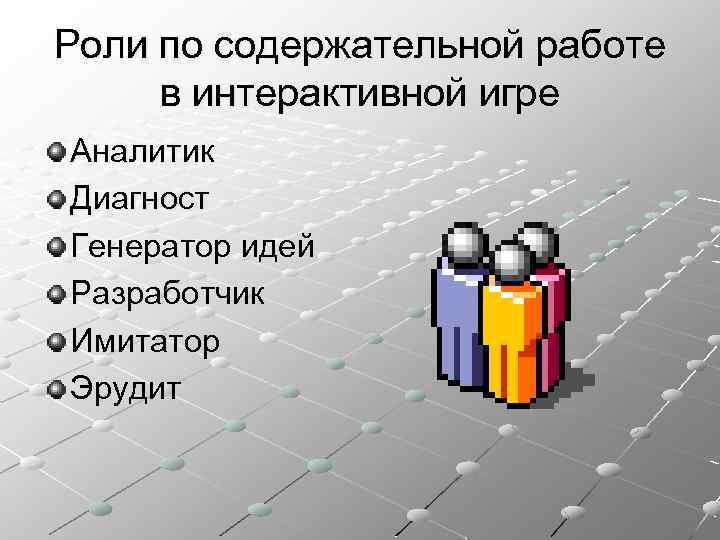 Роли по содержательной работе в интерактивной игре Аналитик Диагност Генератор идей Разработчик Имитатор Эрудит