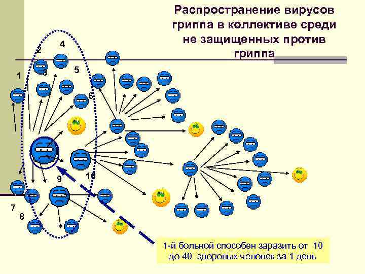 4 2 1 Распространение вирусов гриппа в коллективе среди не защищенных против гриппа 5