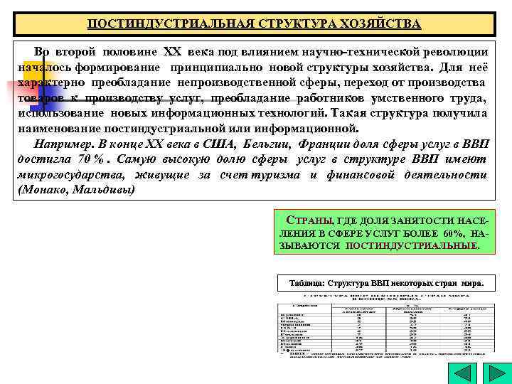 ПОСТИНДУСТРИАЛЬНАЯ СТРУКТУРА ХОЗЯЙСТВА Во второй половине ХХ века под влиянием научно-технической революции началось формирование