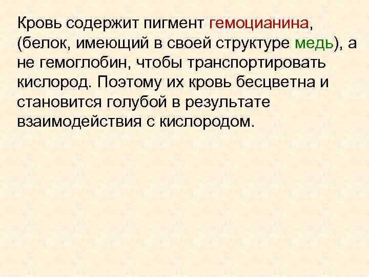 Кровь содержит пигмент гемоцианина, (белок, имеющий в своей структуре медь), а не гемоглобин, чтобы