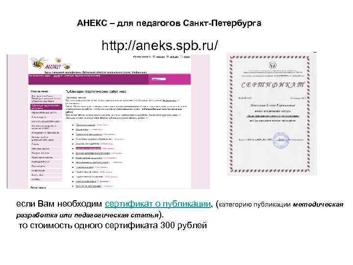 АНЕКС – для педагогов Санкт-Петербурга http: //aneks. spb. ru/ если Вам необходим сертификат о