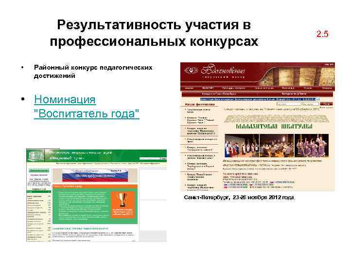 Результативность участия в профессиональных конкурсах • Районный конкурс педагогических достижений • Номинация "Воспитатель года"